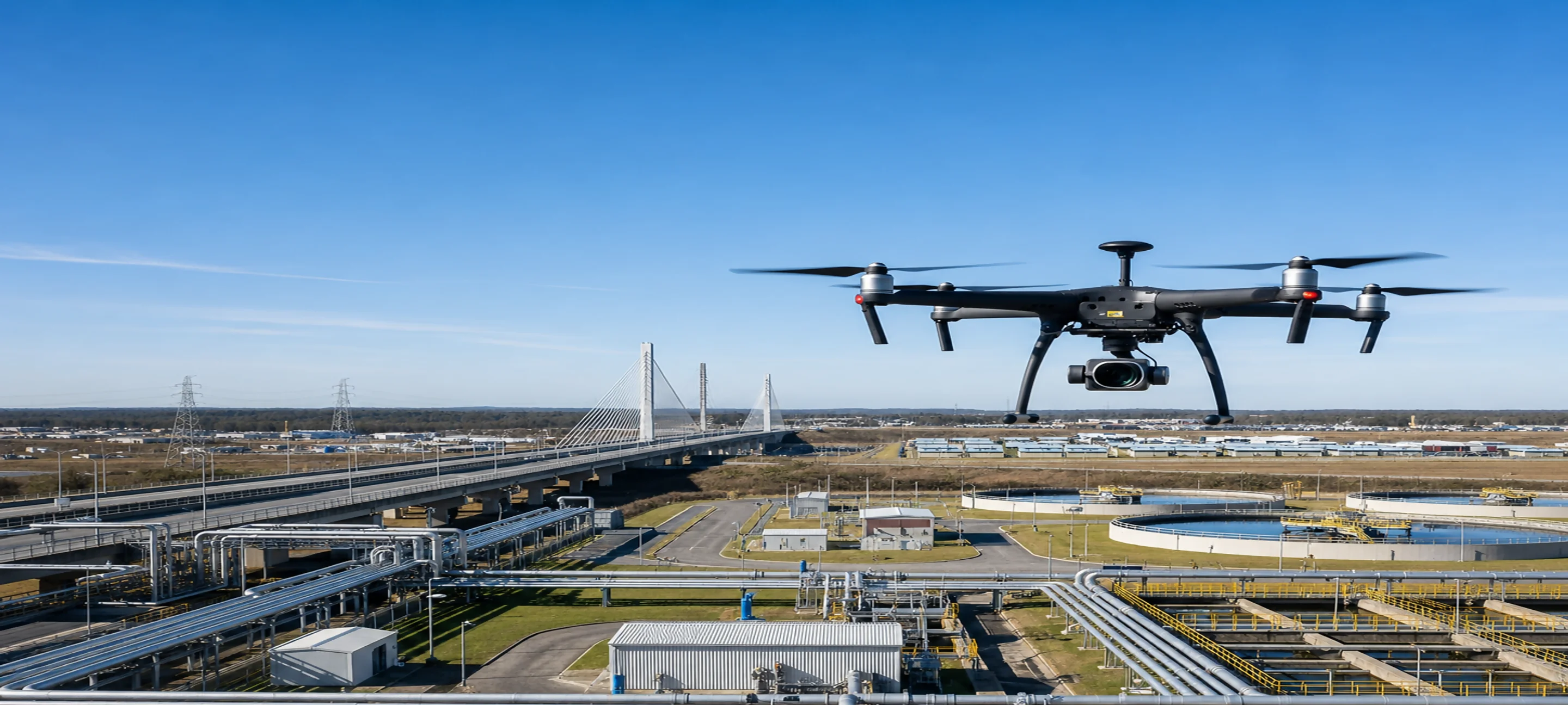 Drone de vigilancia ASPPC sobrevolando infraestructura crítica