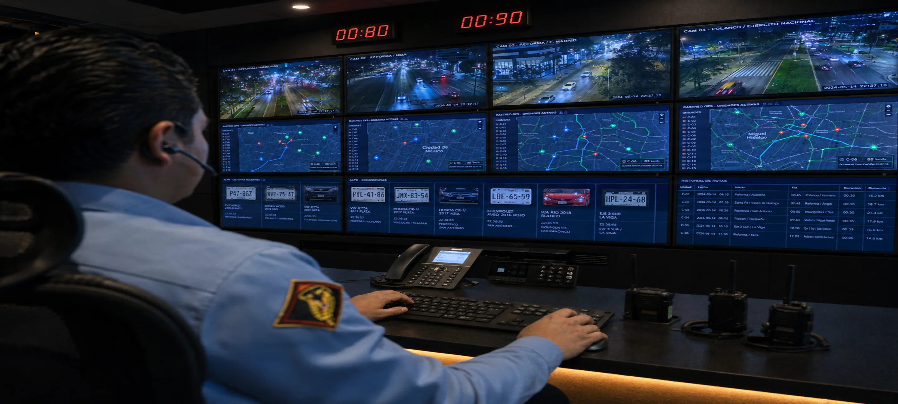 Operador ASPPC supervisando cámaras y rastreo GPS en centro de monitoreo nocturno